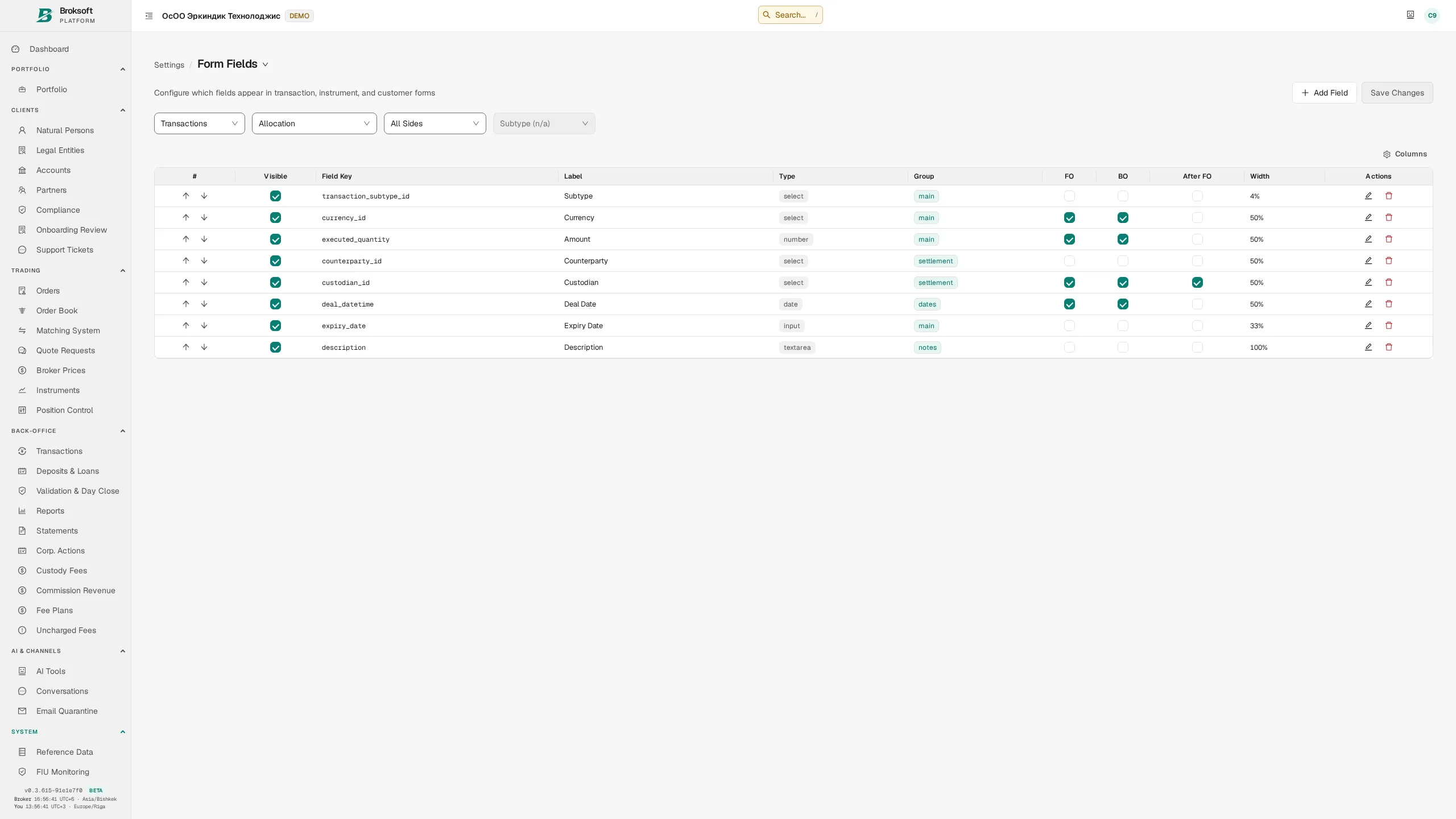 Configuration of required fields and transaction form rules.